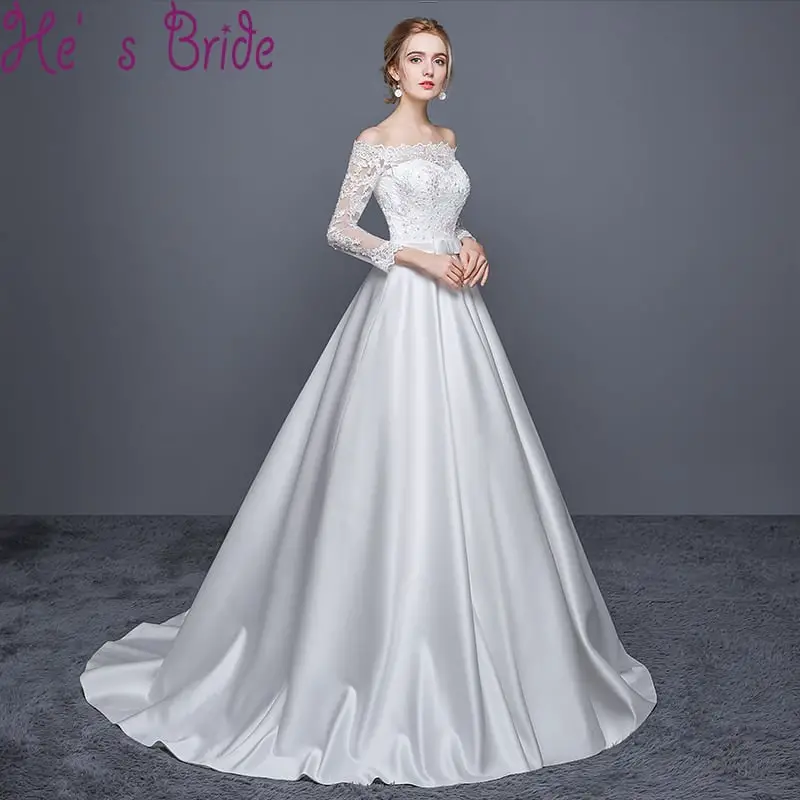 Aliexpress.com : Buy Wedding Dress Elegant White Boat Neck Long Sleeves ...