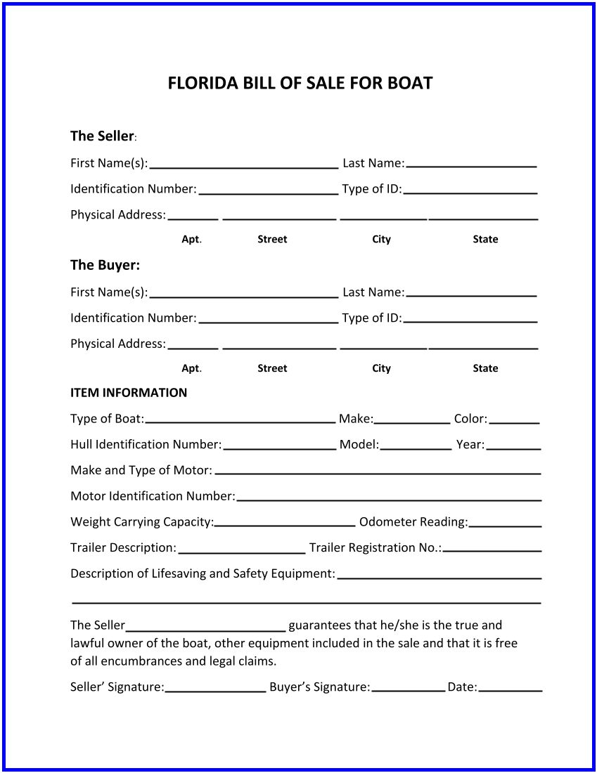 Florida Bill of Sale Form (Florida Motorcycle, Boat and DMV Bill of Sale)