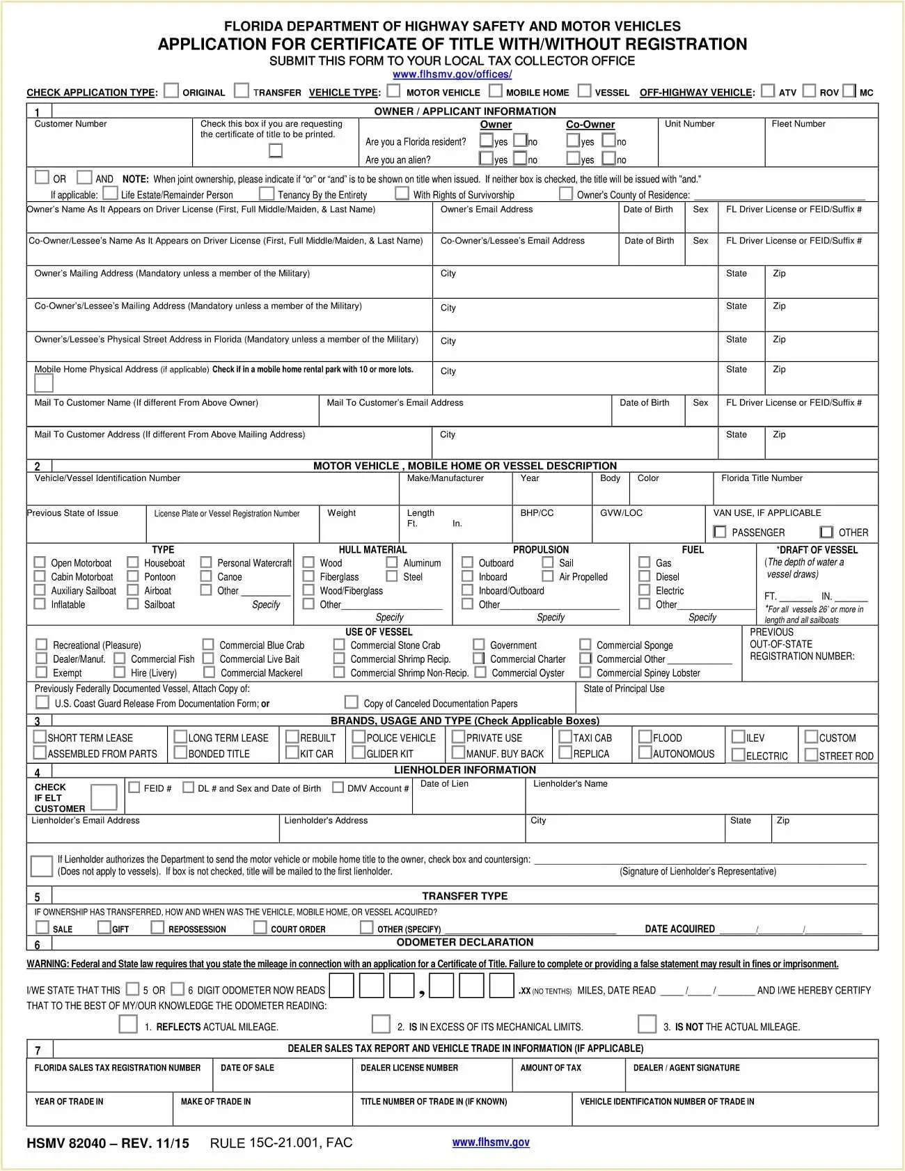 Form HSMV 82050 Florida Vehicle/Boat Bill of Sale