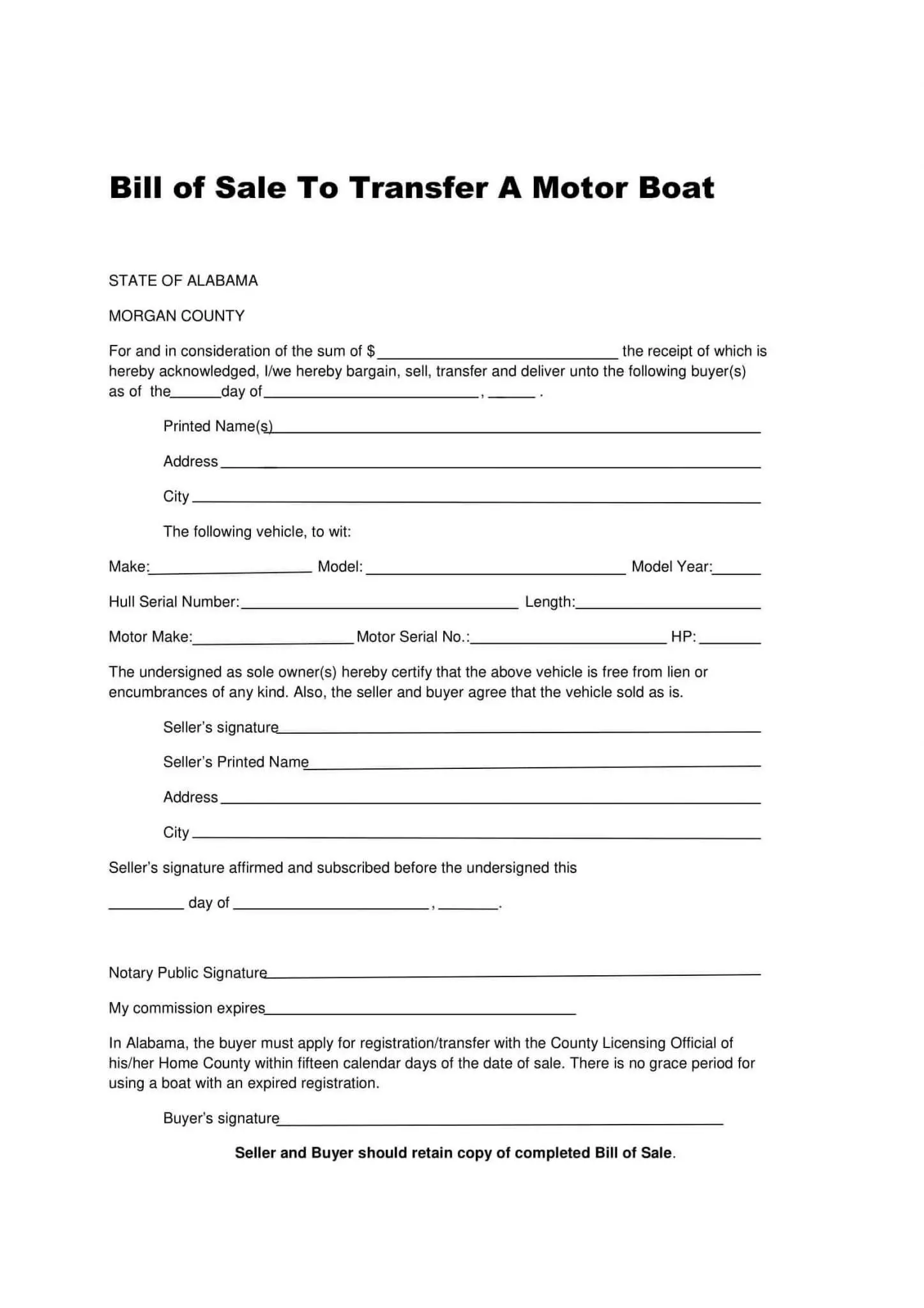 Free Fillable Alabama Boat Bill of Sale Form  PDF Templates