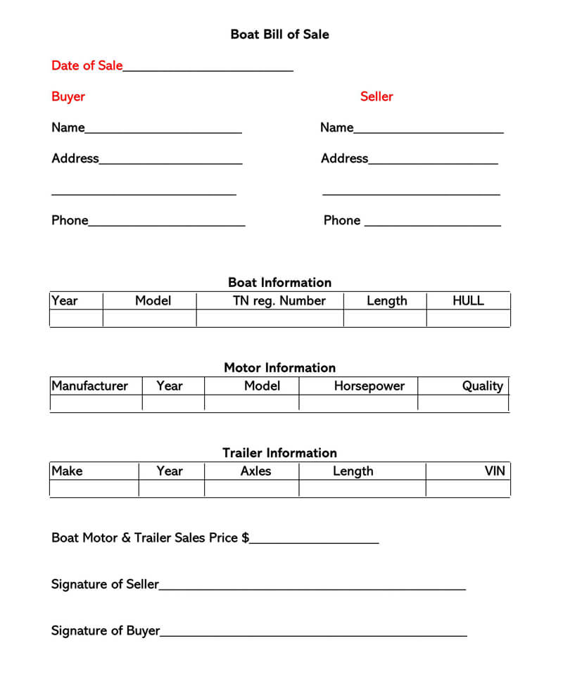 Texas Bill Of Sale Form For Boat Motor And Trailer